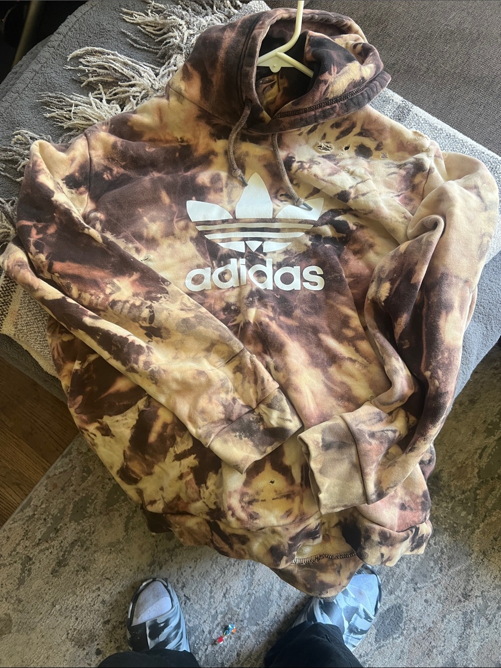 adidas Tie-Dye Pullover Hoodie in Brown & Tan with White Trefoil distressed